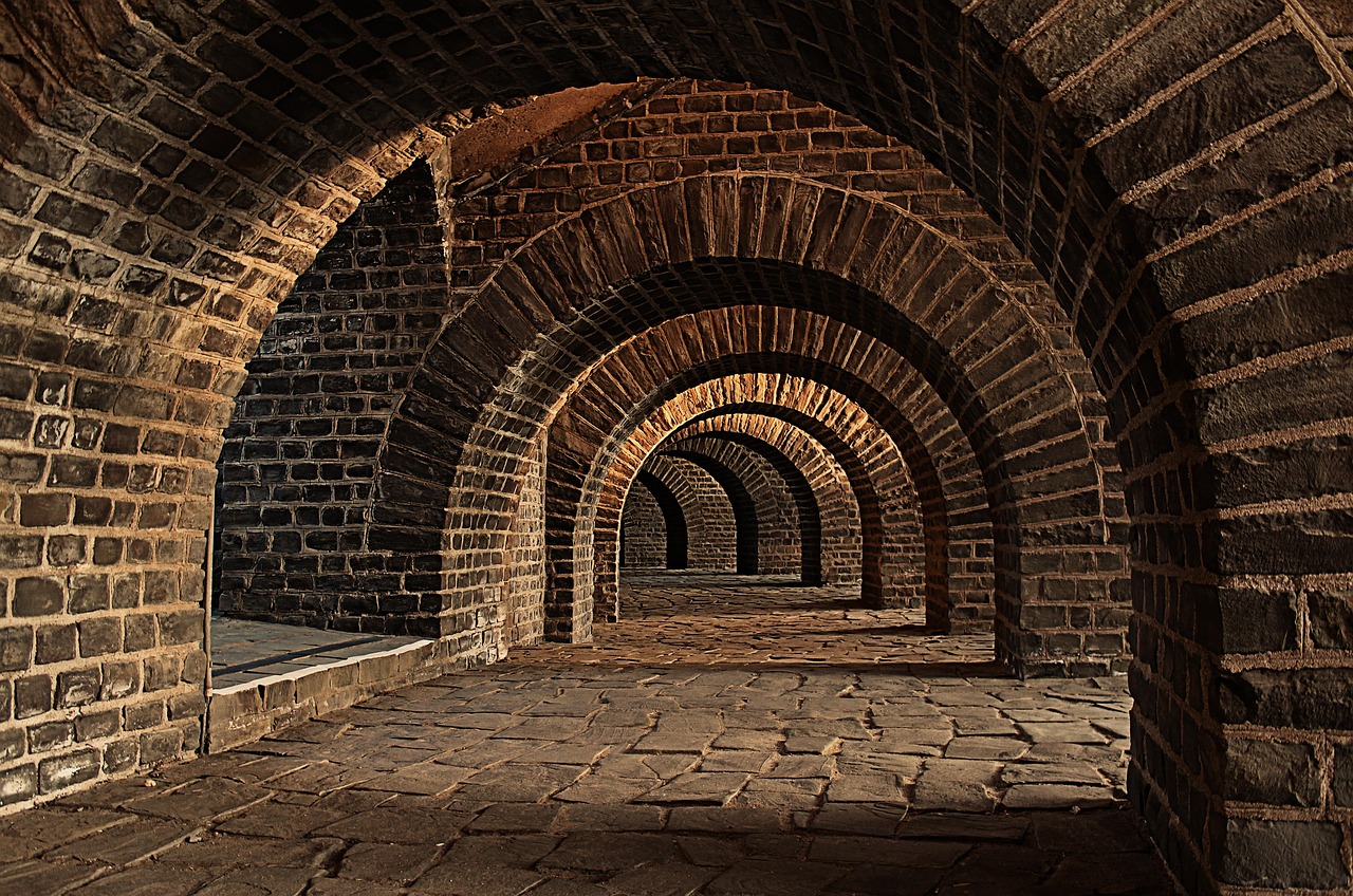 Vaulted cellar with arched stone ceiling and warm ambient lighting