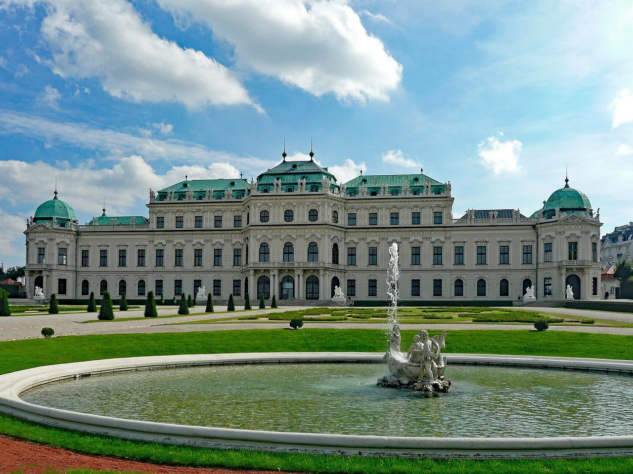 Belvedere Palace Vienna with fountain in foreground and baroque architecture
