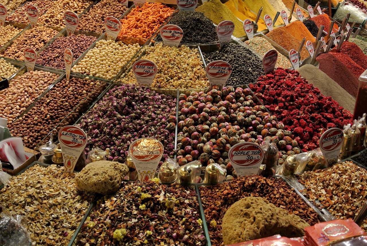Colourful spices displayed at the Spice Bazaar in Istanbul