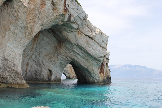 Turquoise water inside a coastal cave on Zakynthos island