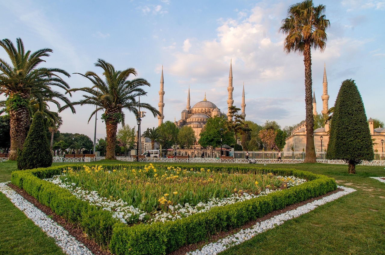 Blue Mosque and gardens in Sultanahmet Square at golden hour