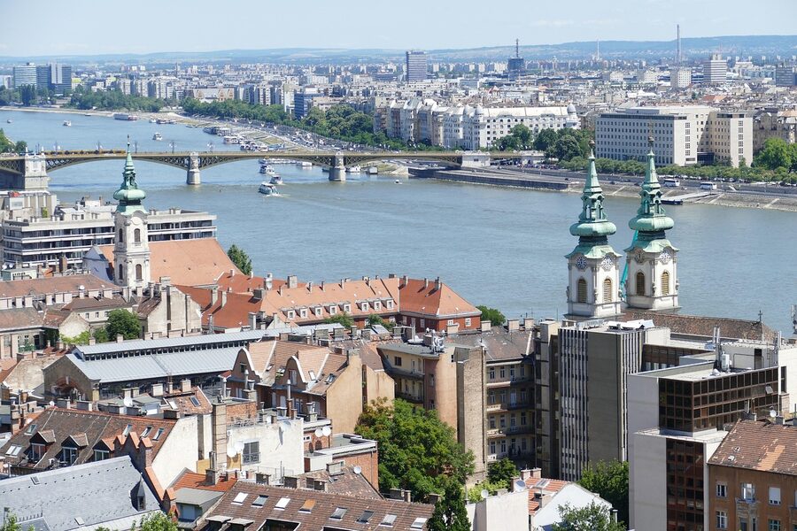 Panoramic view of Budapest Danube and Parliament building from Fishermans Bastion