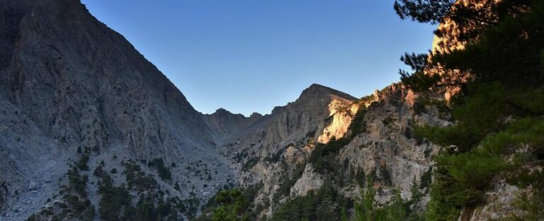 Sunrise over Samaria Gorge in Crete looking down into the canyon from the Omalos plateau