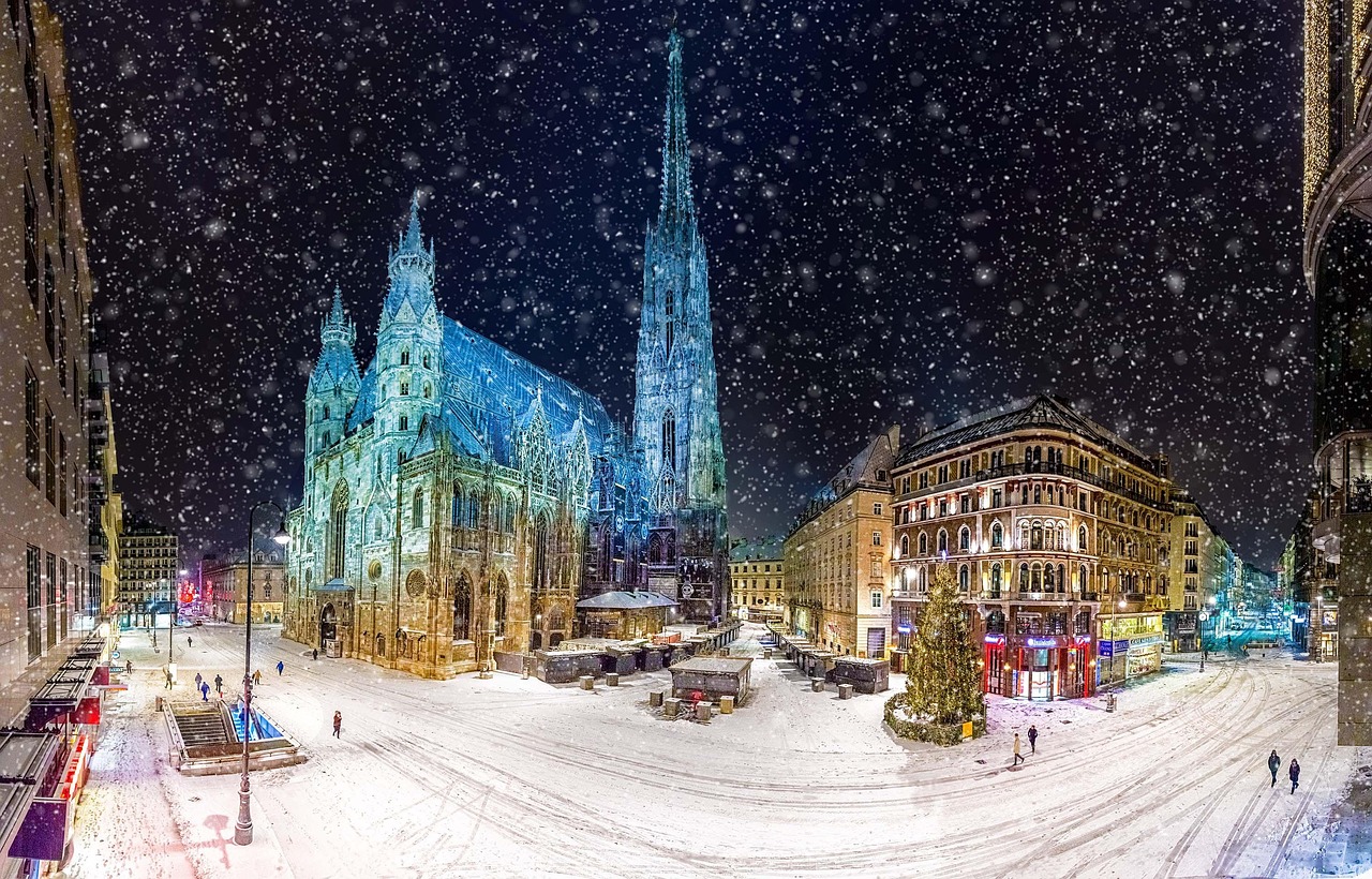 Stephansdom cathedral in Vienna at night during snowfall