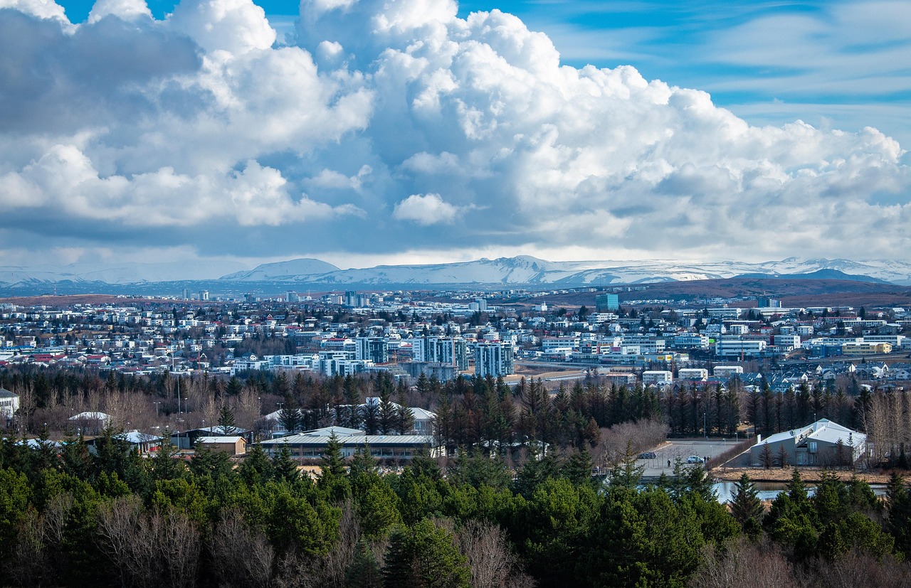 Panoramic view of Reykjavik city with Esja mountain and clouds