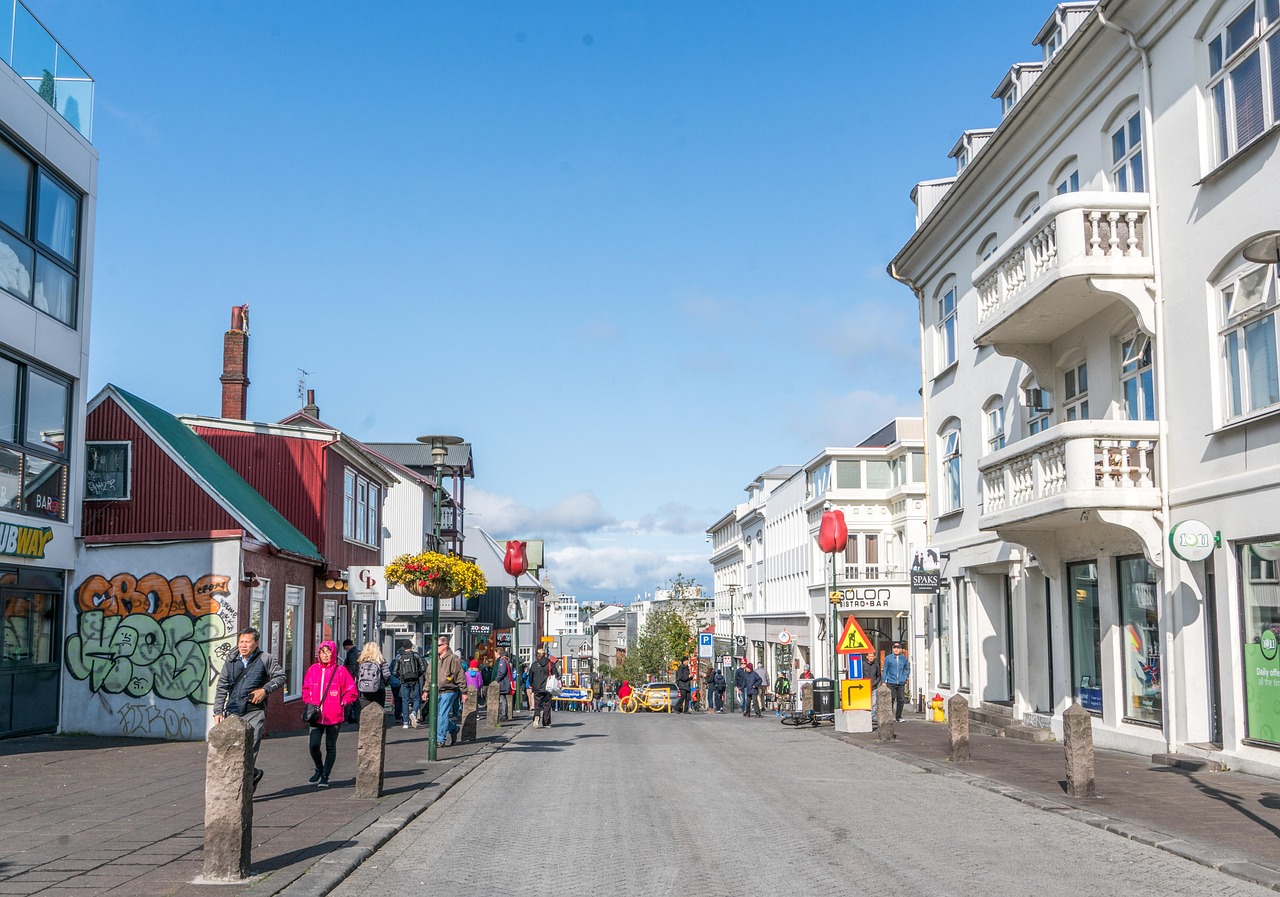 Downtown Reykjavik buildings under blue sky