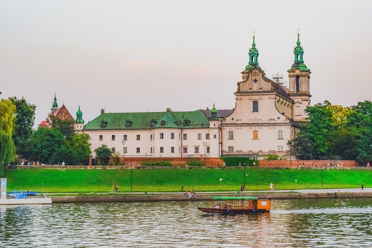 Historic towers and buildings along the Vistula River in Krakow