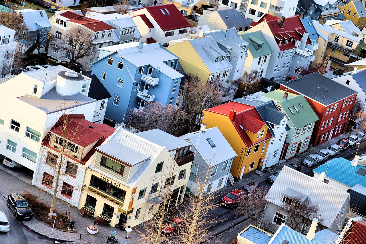 Colourful houses and street cafe in Reykjavik Iceland