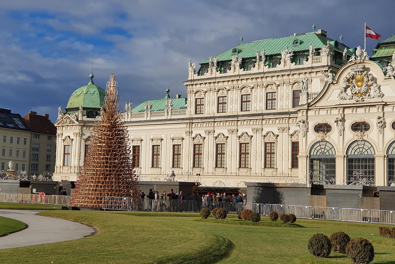 Belvedere Palace Vienna Christmas market with decorated trees and festive lights