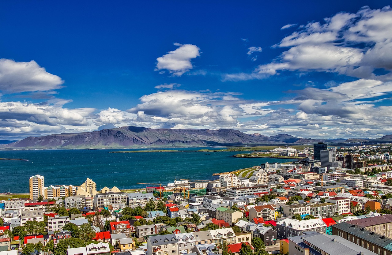 Colourful street in Reykjavik with Hallgrimskirkja church visible