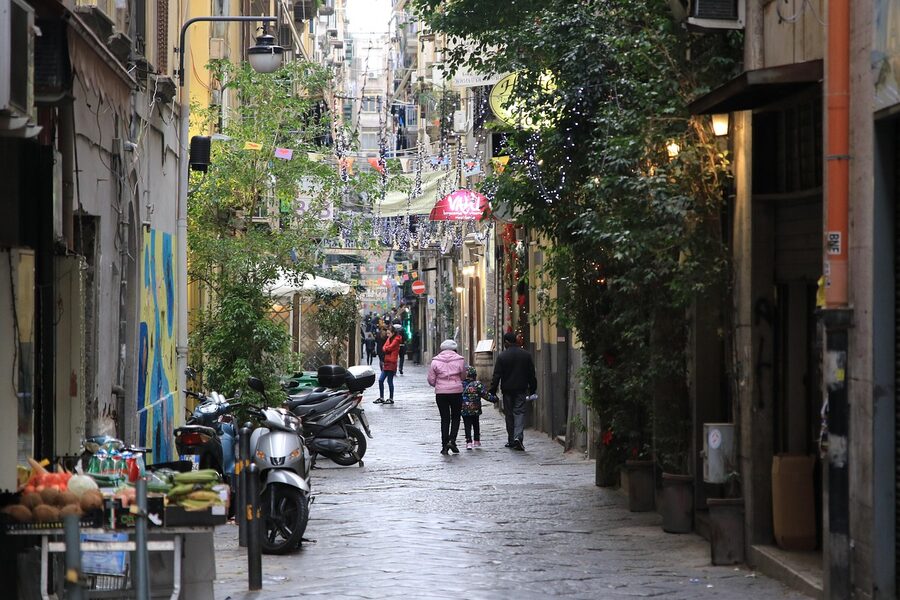 Historic quarter street in Naples with old buildings and characteristic architecture