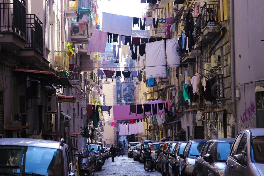 Authentic Naples neighbourhood showing residential buildings with laundry hanging from balconies