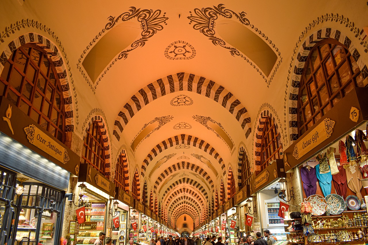 Ornate painted ceiling inside Istanbul's Grand Bazaar