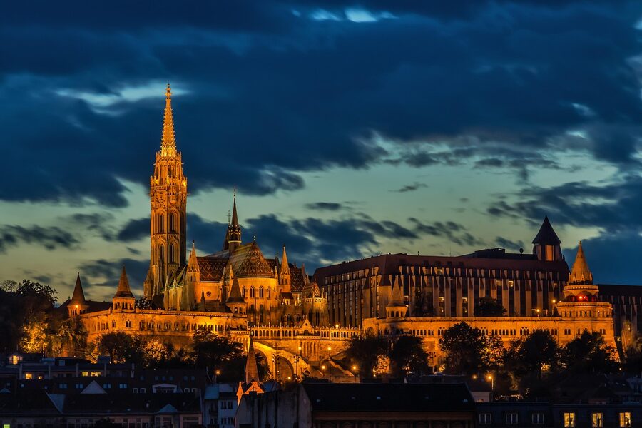 Matthias Church lit up at night in the Buda Castle District Budapest