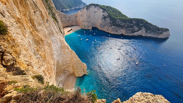 Panoramic view of Zakynthos island coastline with turquoise sea and green hills