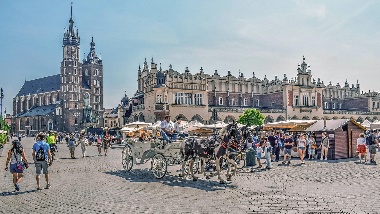 Krakow Main Market Square with the Cloth Hall and St Mary's Basilica