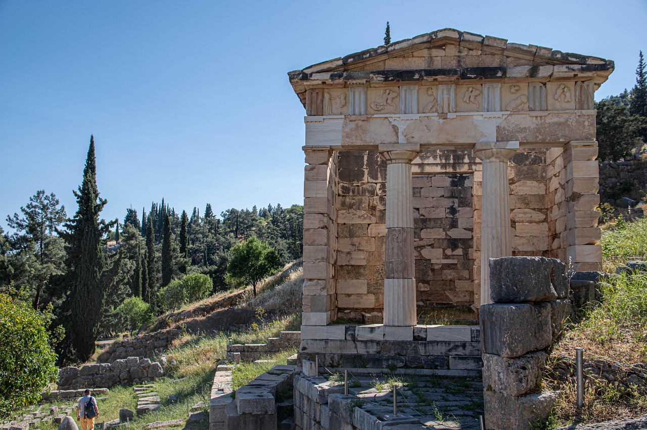 Reconstructed Treasury of the Athenians building at Delphi with stone columns