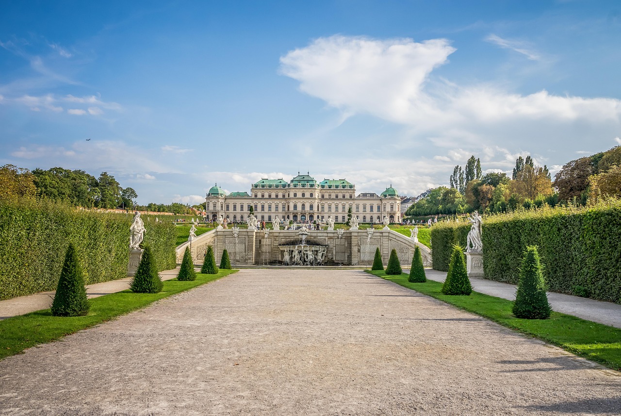 Belvedere Palace Vienna reflected in ornamental pool with baroque architecture