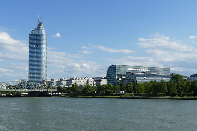 Panoramic view of Vienna skyline and the Danube River