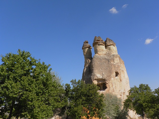 Mushroom-shaped fairy chimney rock formations in Cappadocia Turkey