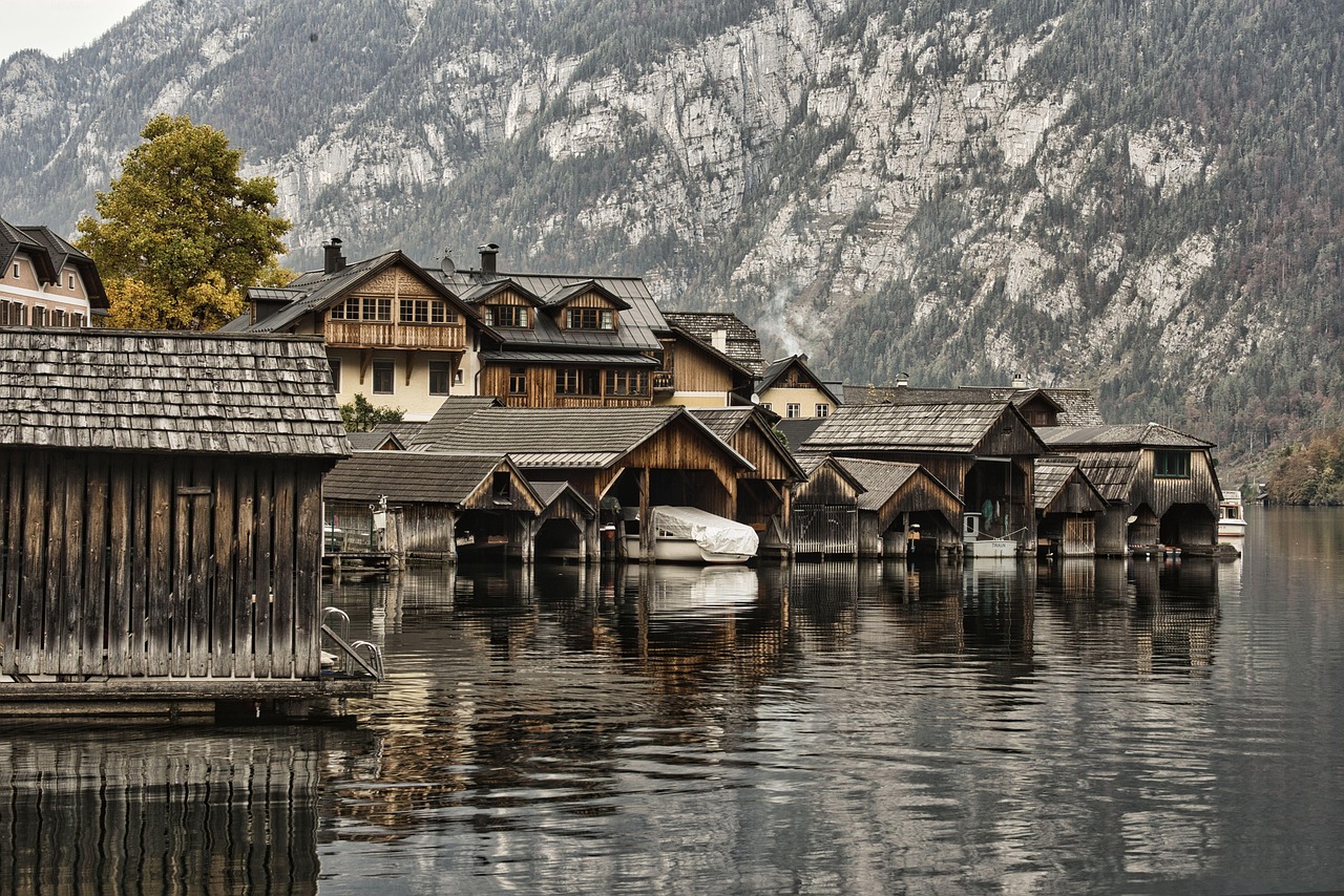 Hallstatt at sunset with warm light on the buildings and lake