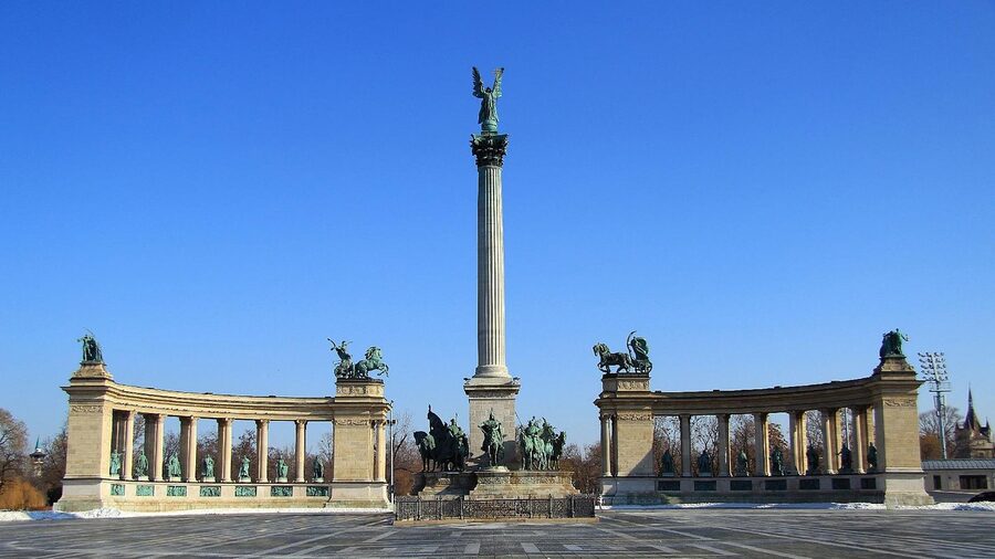 Heroes Square monument with columns and statues in Budapest City Park