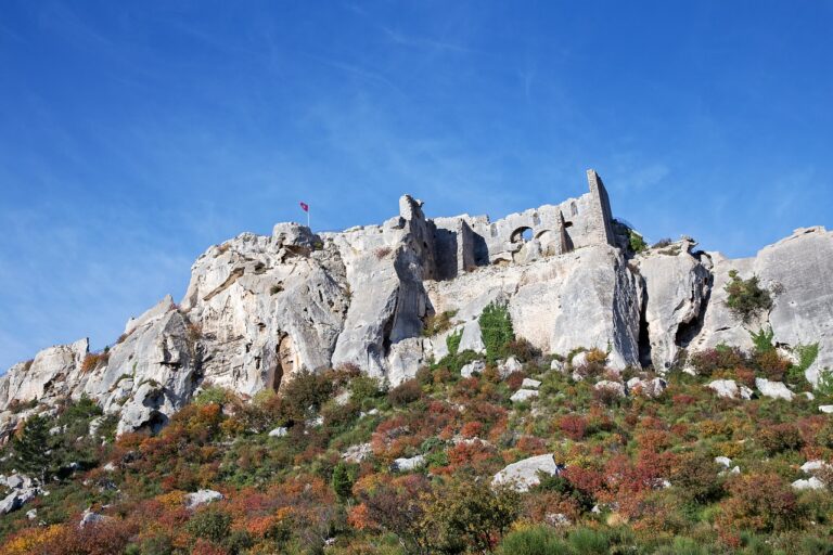 Medieval fortress ruins of Les Baux-de-Provence on a limestone hilltop in the Alpilles mountains