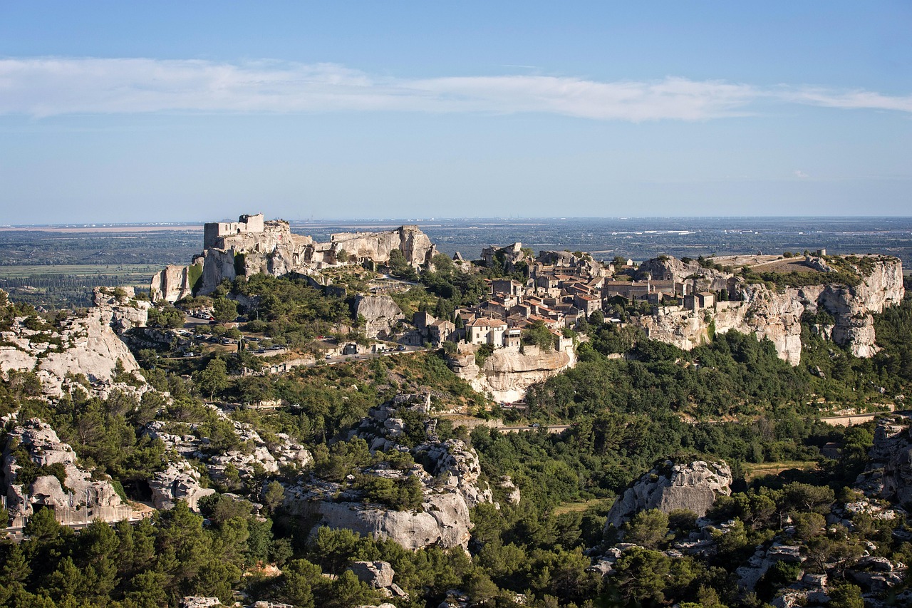 Sunset view of Les Baux-de-Provence village and surrounding Alpilles landscape