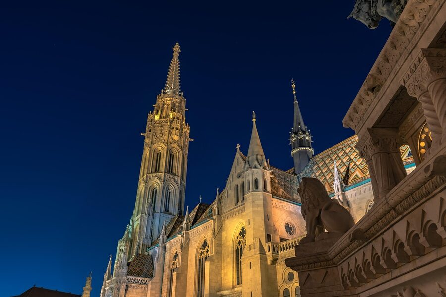 Matthias Church in the Buda Castle district illuminated at night