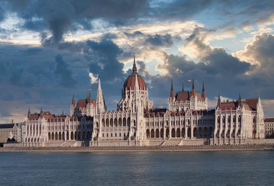 Close-up view of Parliament spires and central dome in Budapest