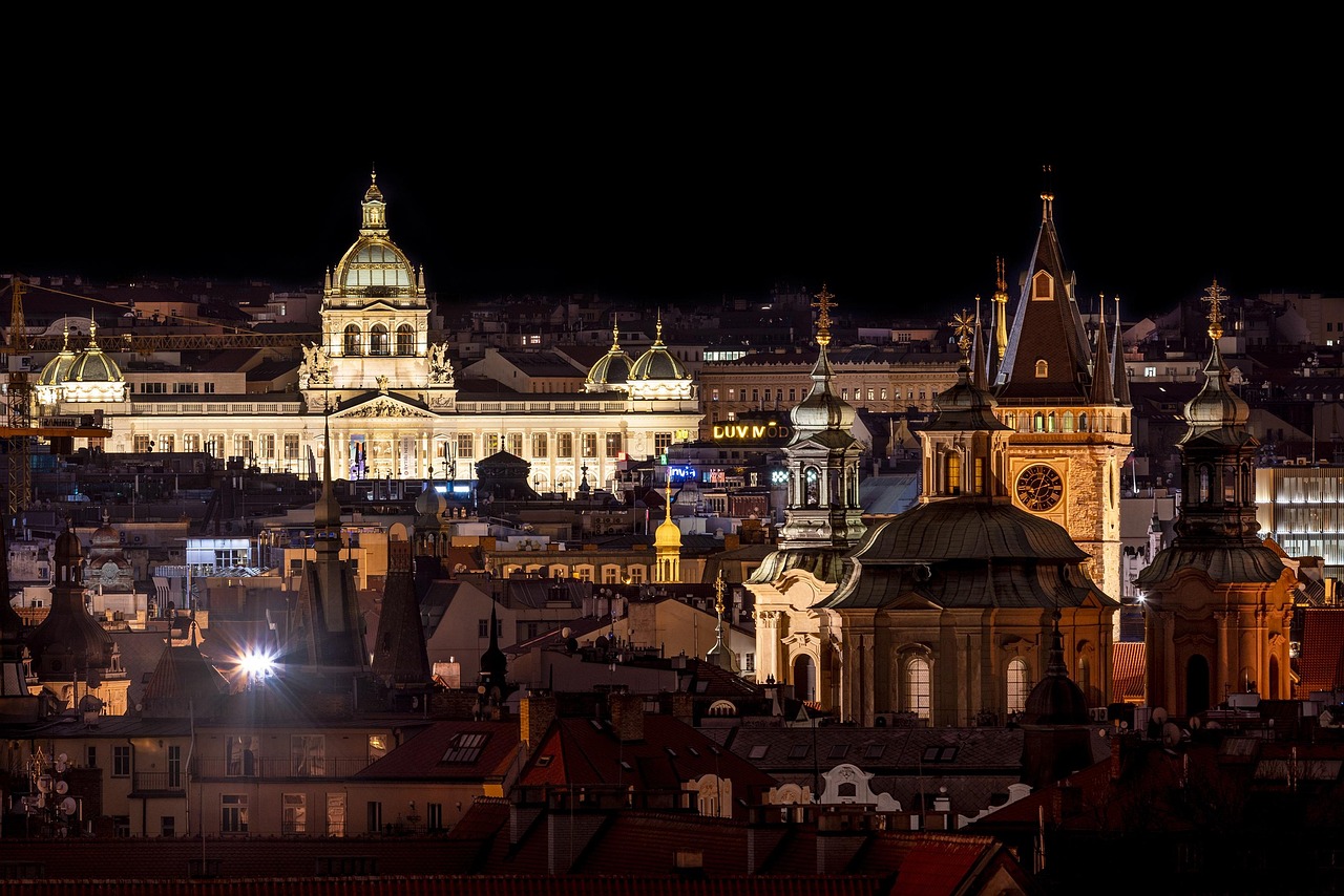 Panoramic view of Prague Old Town red rooftops and spires