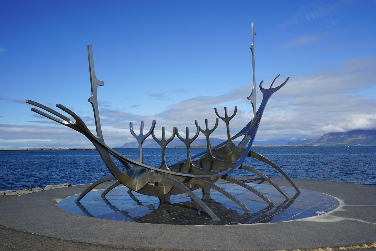 The Sun Voyager steel sculpture on the Reykjavik waterfront promenade