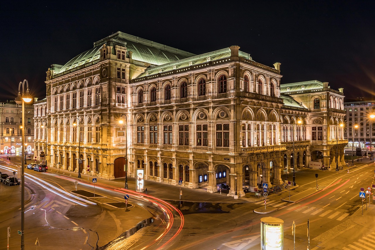 Vienna State Opera lit up at night