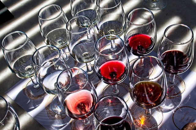 Wine glasses arranged for a tasting session at a winery bar