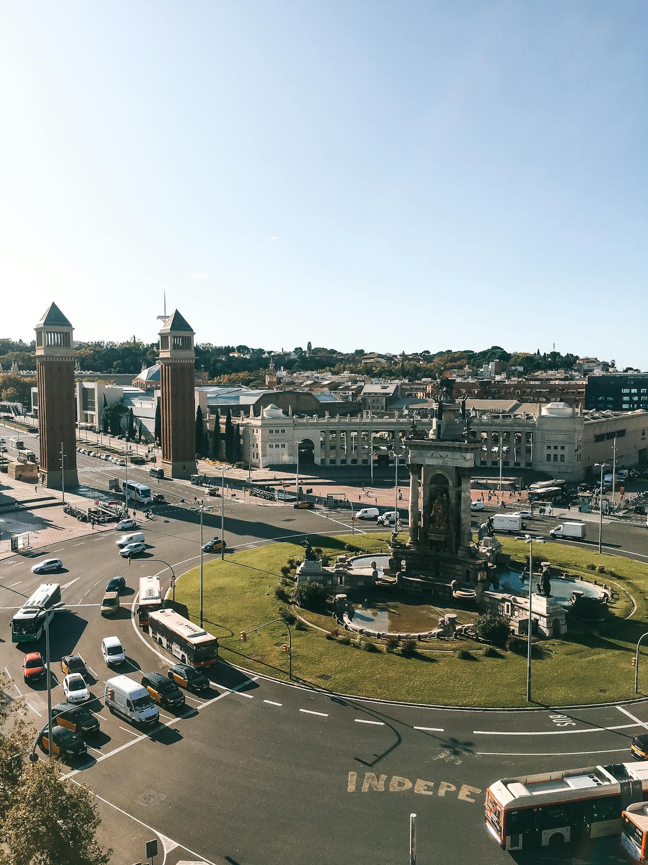 Aerial view of Placa Espanya in Barcelona showing the grand avenue leading to Montjuic