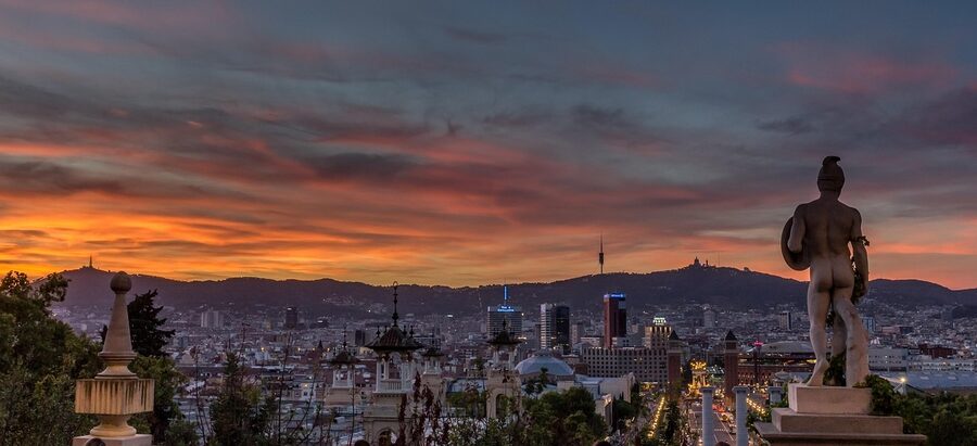 Placa Espanya at sunset with Montjuic and MNAC in background
