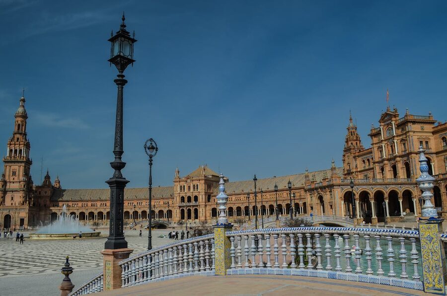The Plaza de Espana in Seville with its iconic fountain and architecture