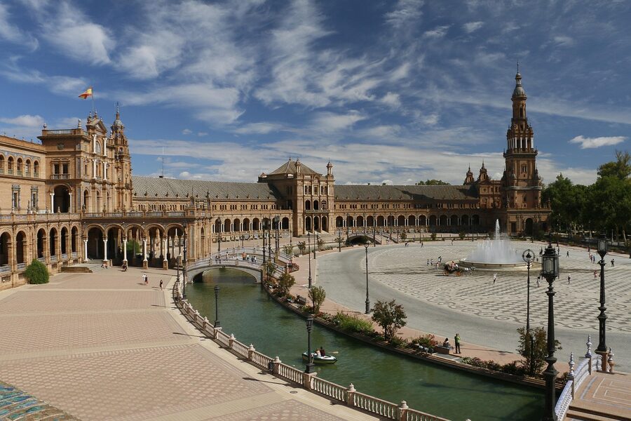 The grand semicircular Plaza de Espana in Seville Spain