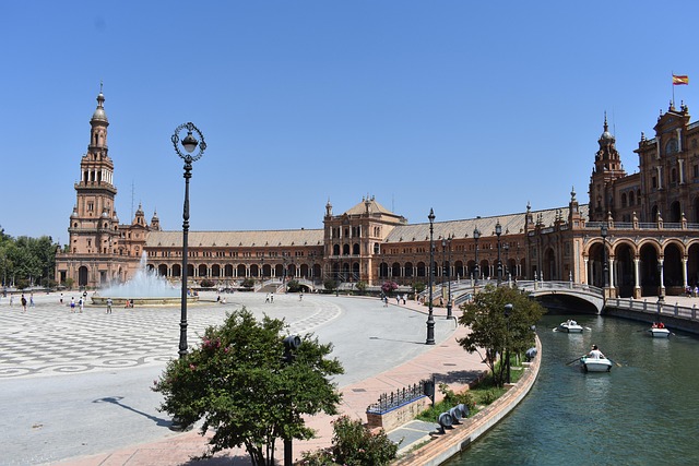 Detailed ceramic tile alcoves at Plaza de Espana in Seville Spain
