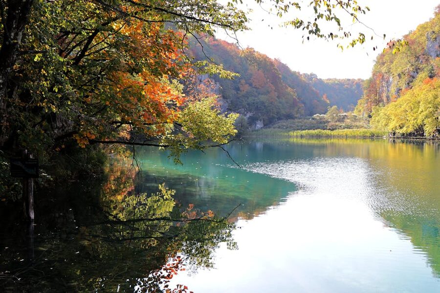 Plitvice Lakes autumn scenery with colourful foliage