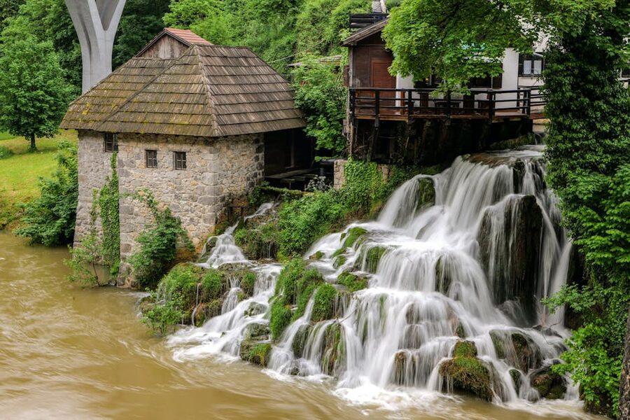 Rastoke watermill with cascading waterfall