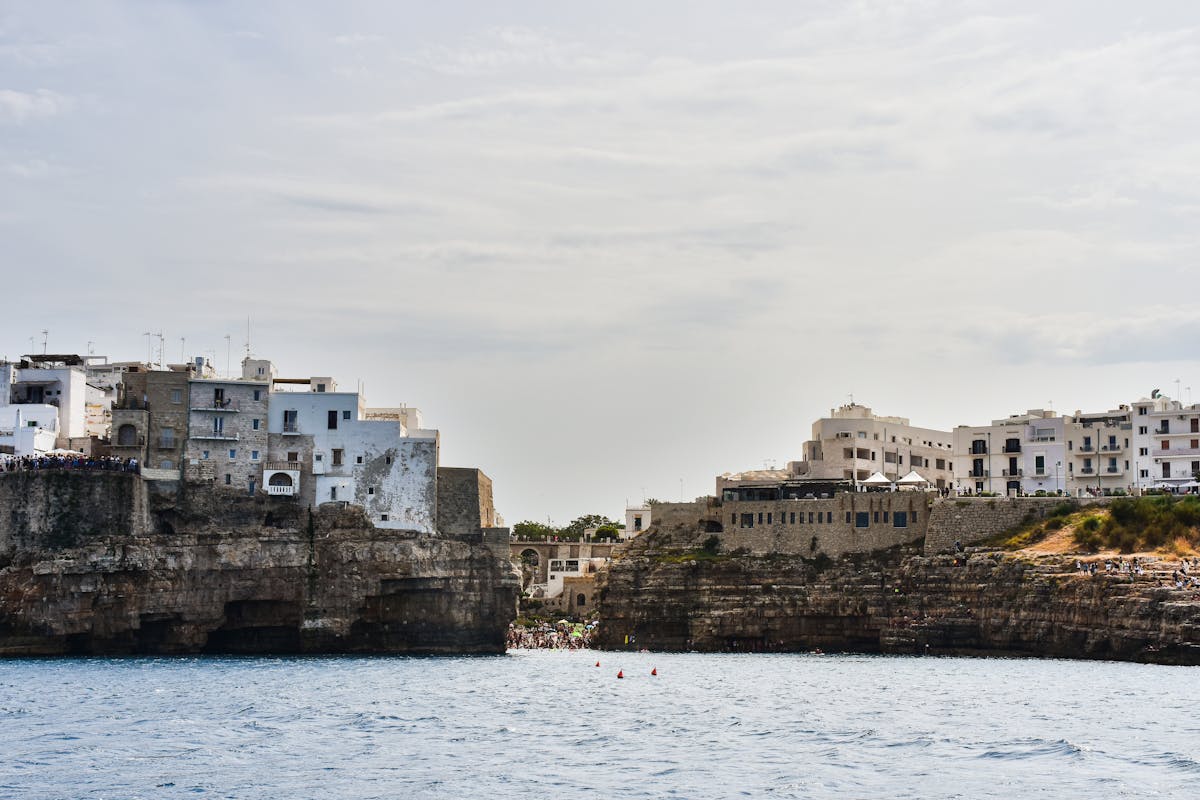 Historic buildings and cliff architecture in the old town of Polignano a Mare Puglia