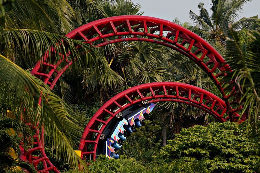 Red roller coaster loops through tropical palm trees on sunny day
