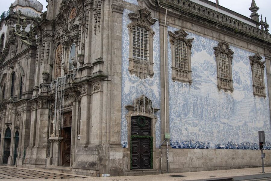 Blue and white azulejo tiled church facade in Porto