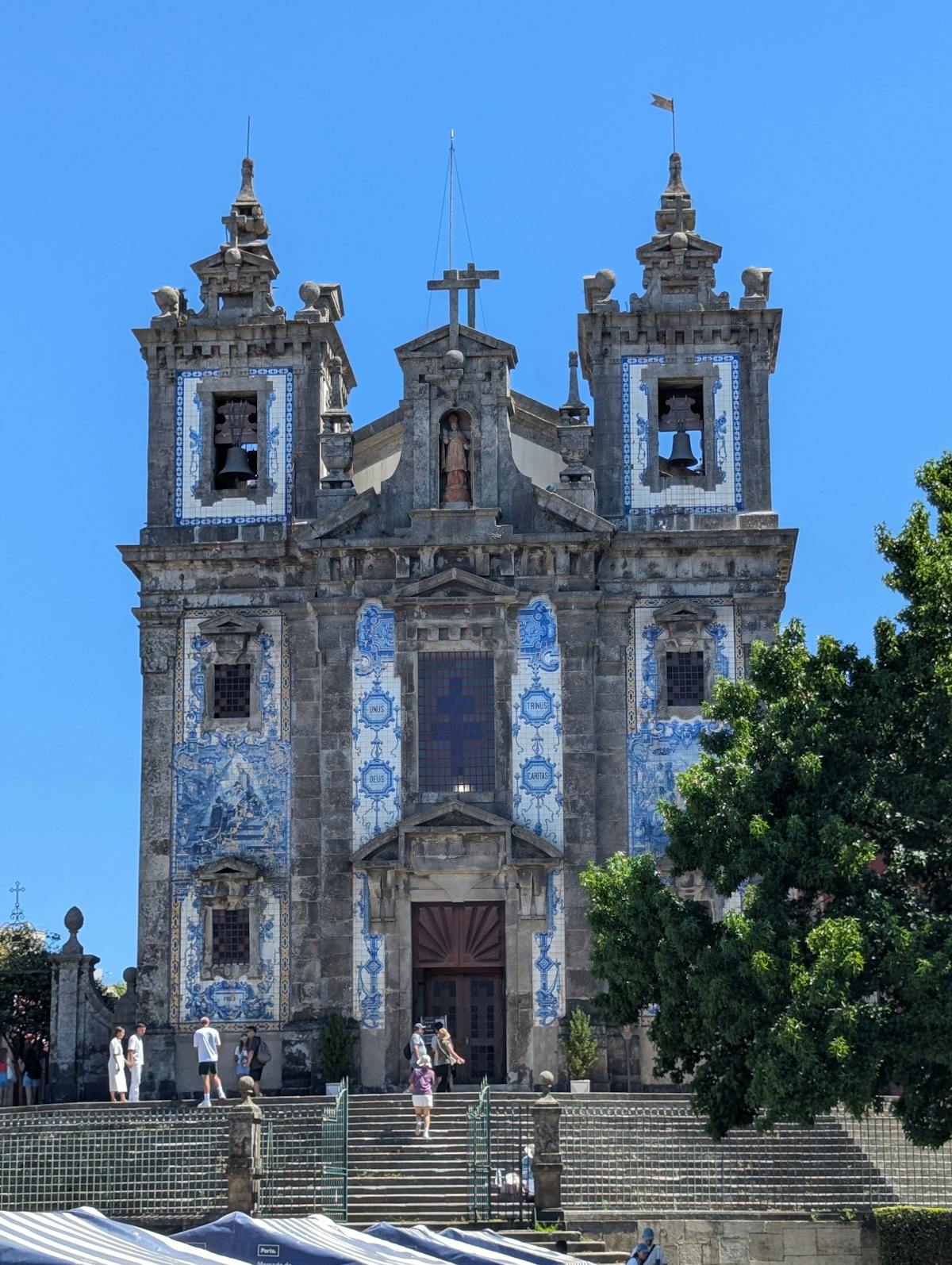 Baroque church in Porto featuring detailed blue azulejo tiles on its facade
