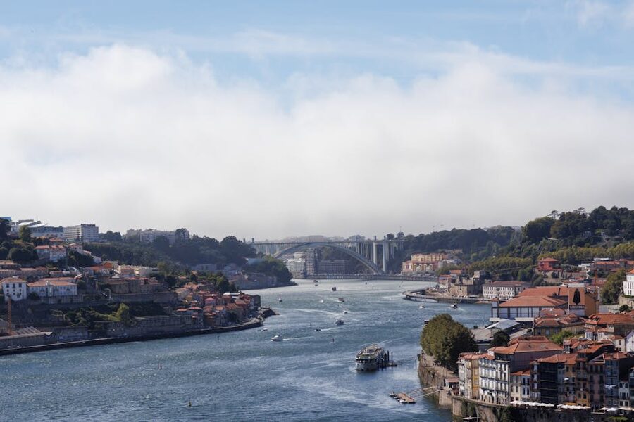 Aerial view Douro River Porto skyline Vila Nova de Gaia