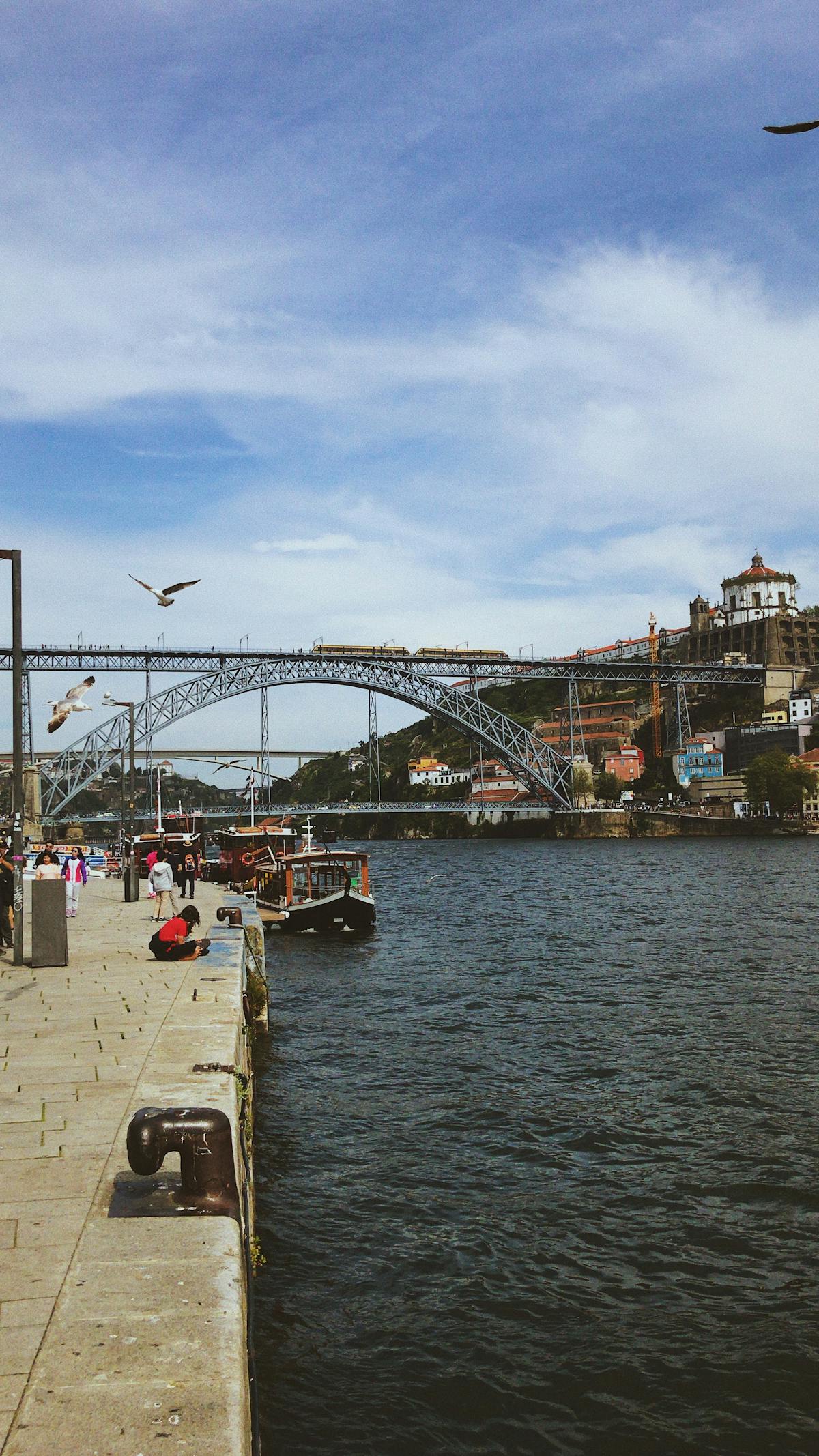 Scenic view of Dom Luis I Bridge over the Douro River with people and traditional boats