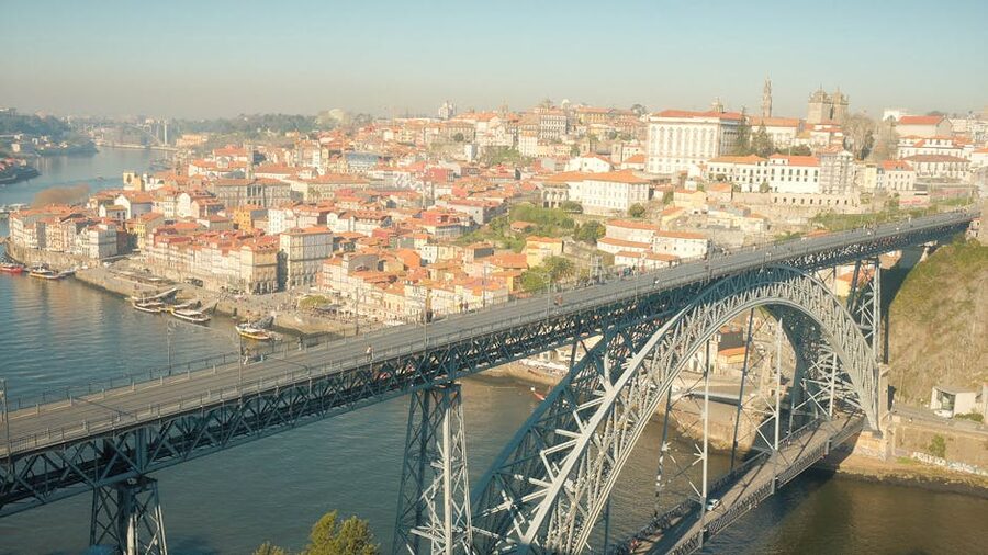 Aerial view of Porto featuring Dom Luis I Bridge and Ribeira
