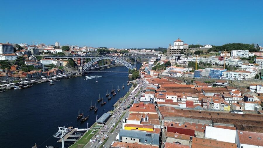 Aerial view of Porto Dom Luis I Bridge across the Douro to Vila Nova de Gaia