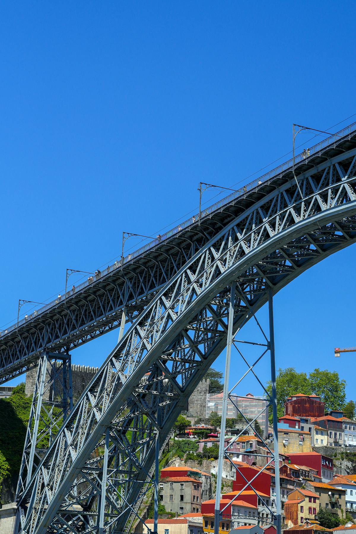 The Dom Luis I Bridge crossing the Douro River in Porto with blue sky